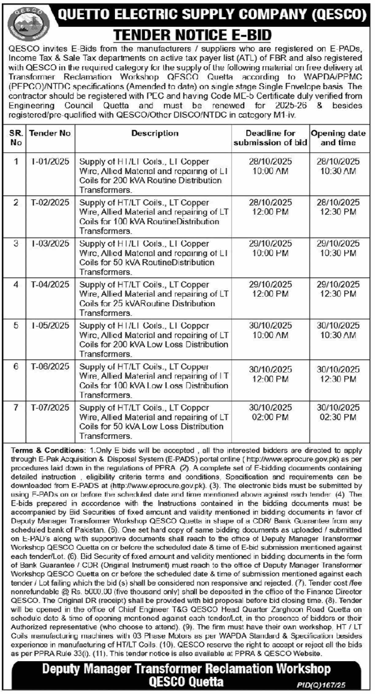 Quetta Electric Supply Company Limited Tender Notice